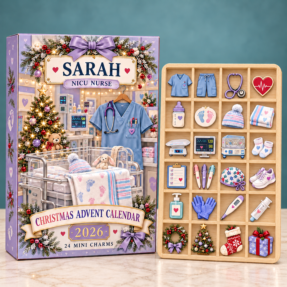 Personalized NICU Nurse Advent Calendar, 24 Mini Charms Christmas Countdown, Neonatal Nurse Gift, Custom Name Hospital