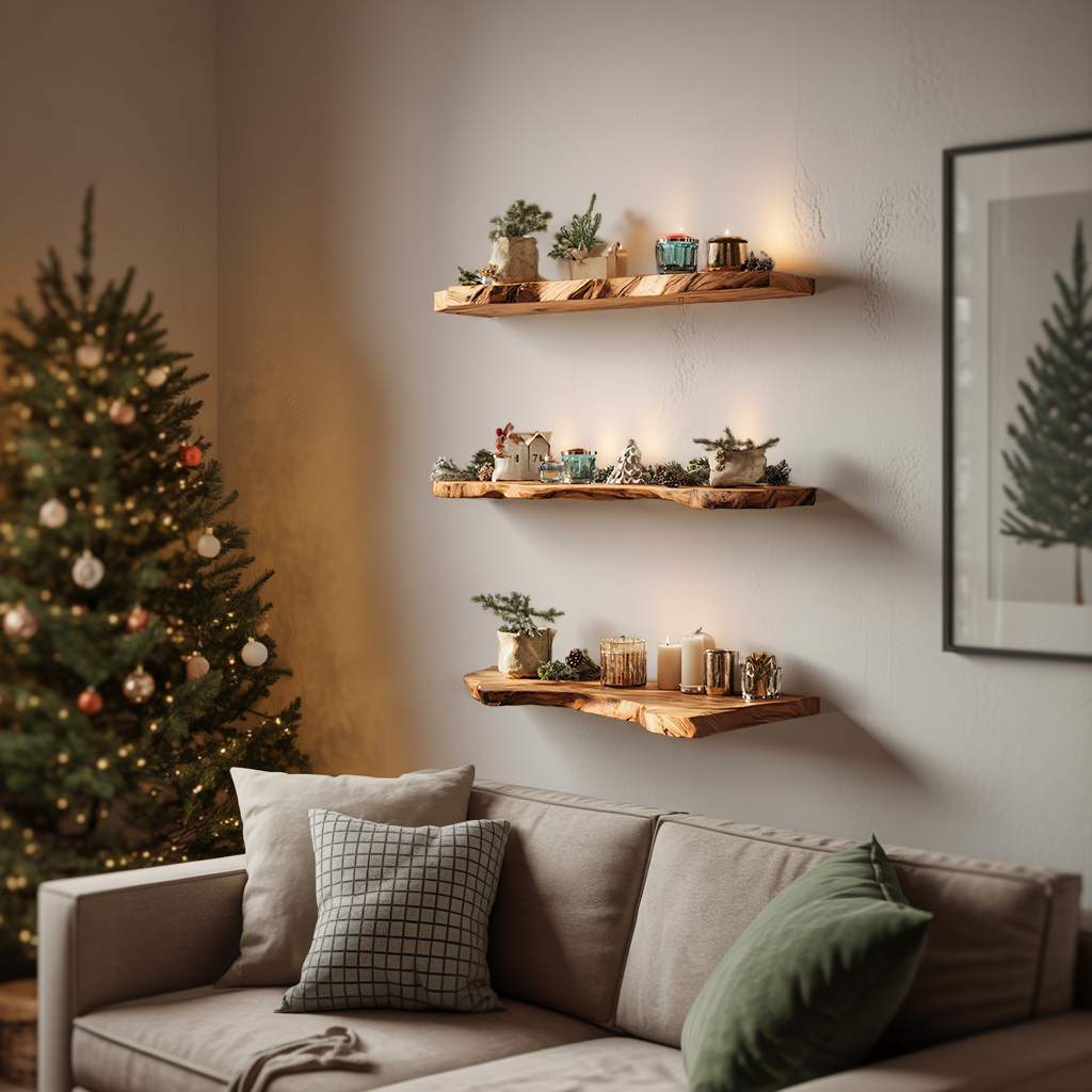 Handcrafted Solid Wood Floating Shelf For Living Room Xmas Decor