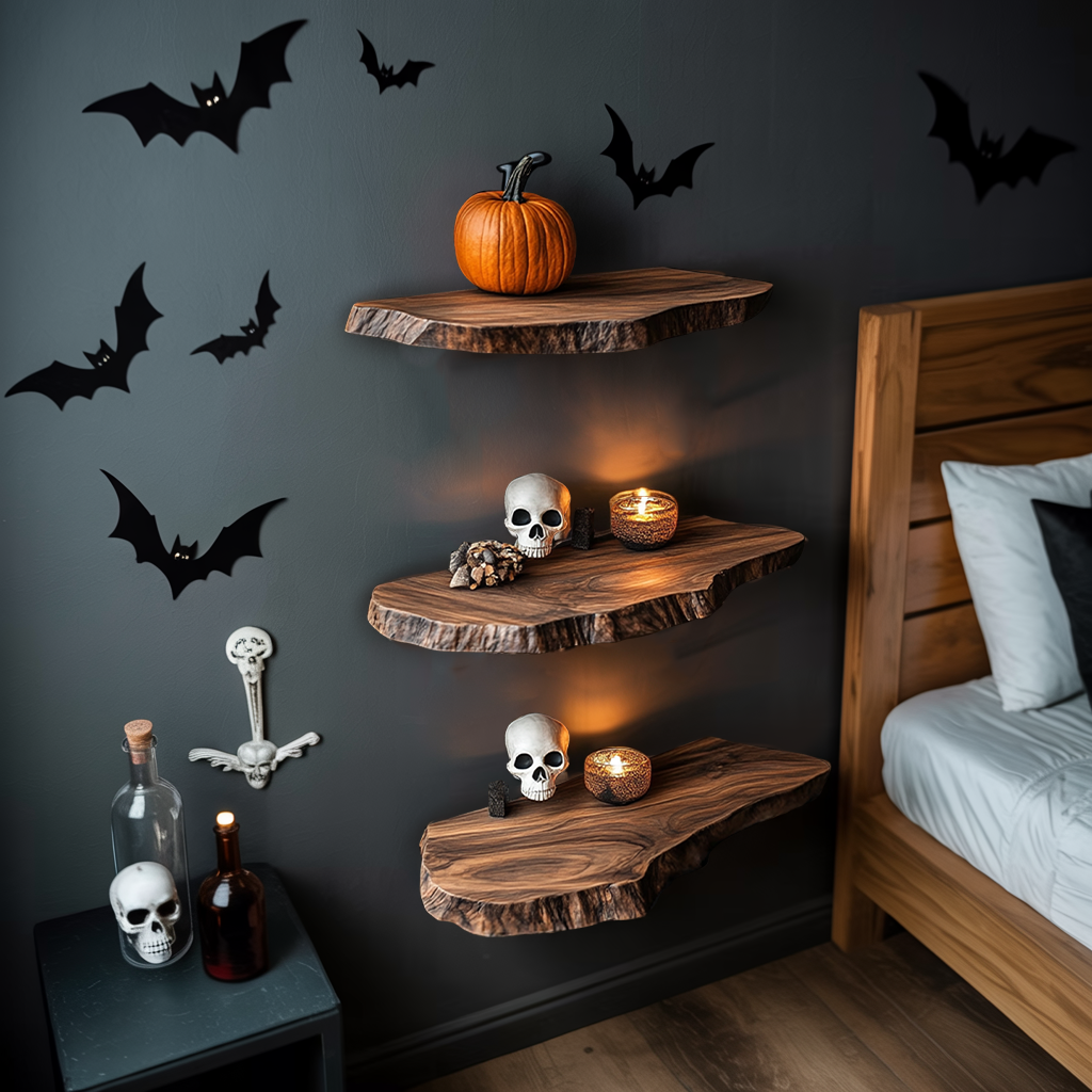 Handcrafted Wooden Live Edge Floating Shelf For Entryway Design With Halloween Hooks