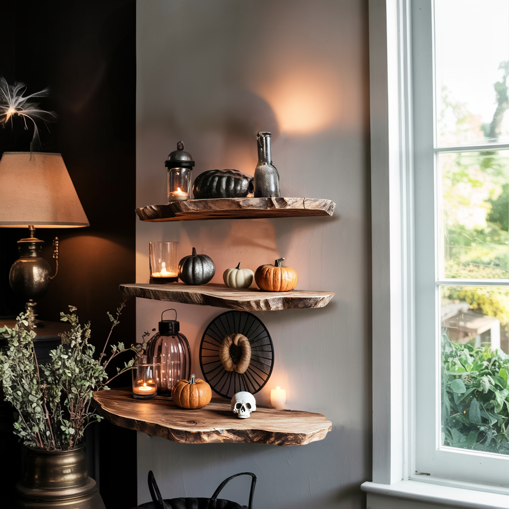 Mid Century Live Edge Floating Shelf For Furniture Decor Halloween Display