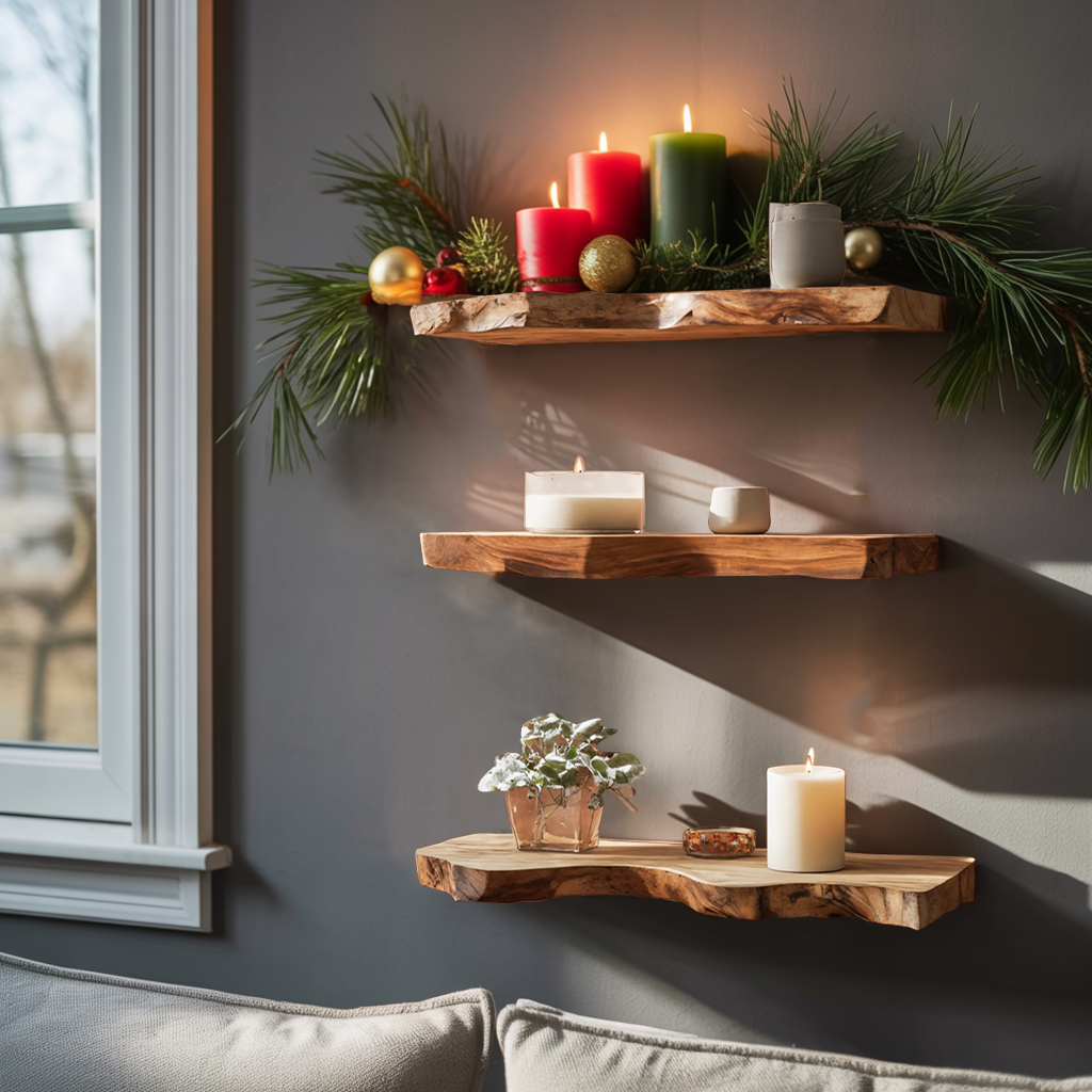 Mid Century Wooden Floating Shelf For Holiday Living Room Setup