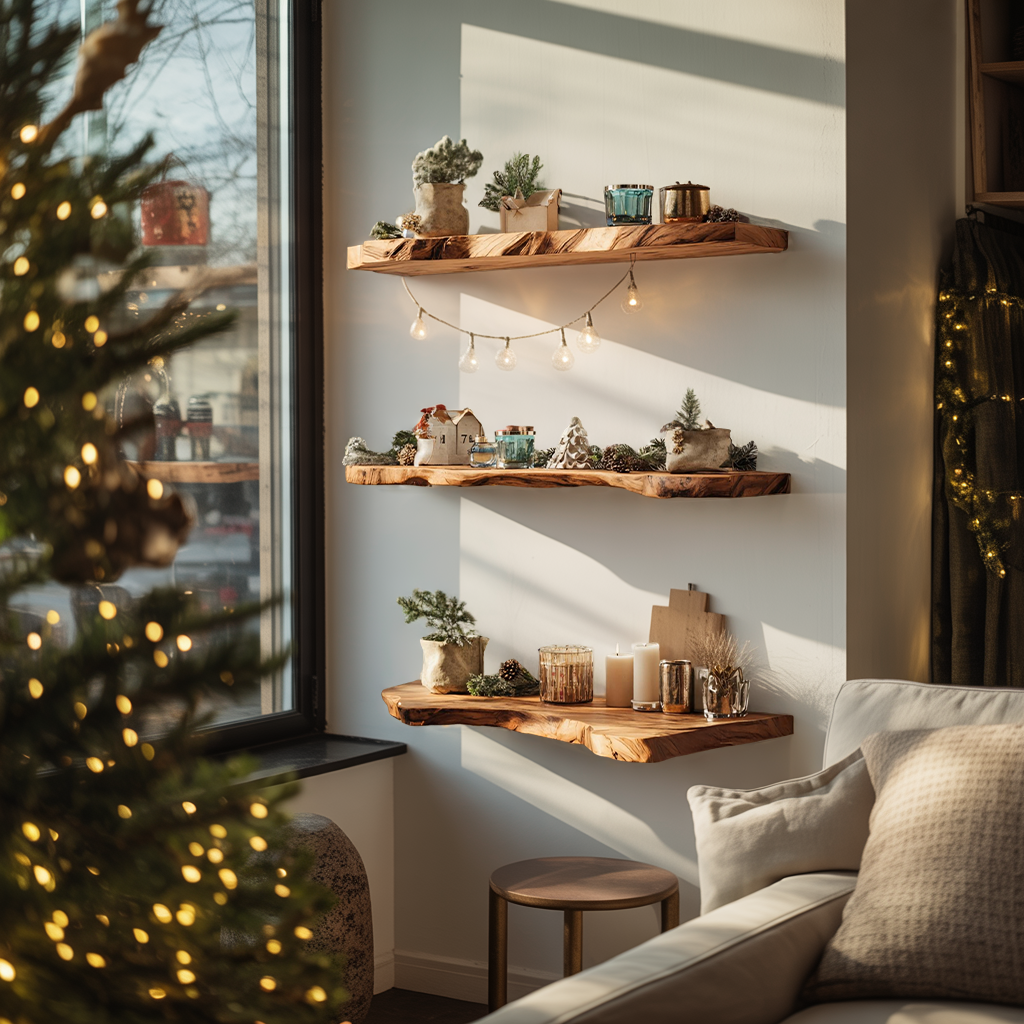 Handcrafted Solid Wood Floating Shelf For Living Room Xmas Decor