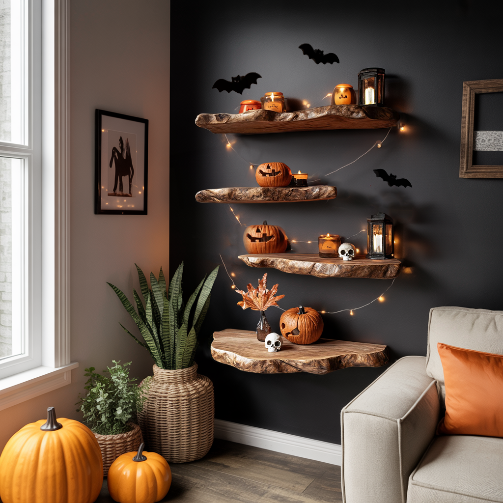 Handcrafted Live Edge Floating Shelf For Bedroom Unique Halloween Accent