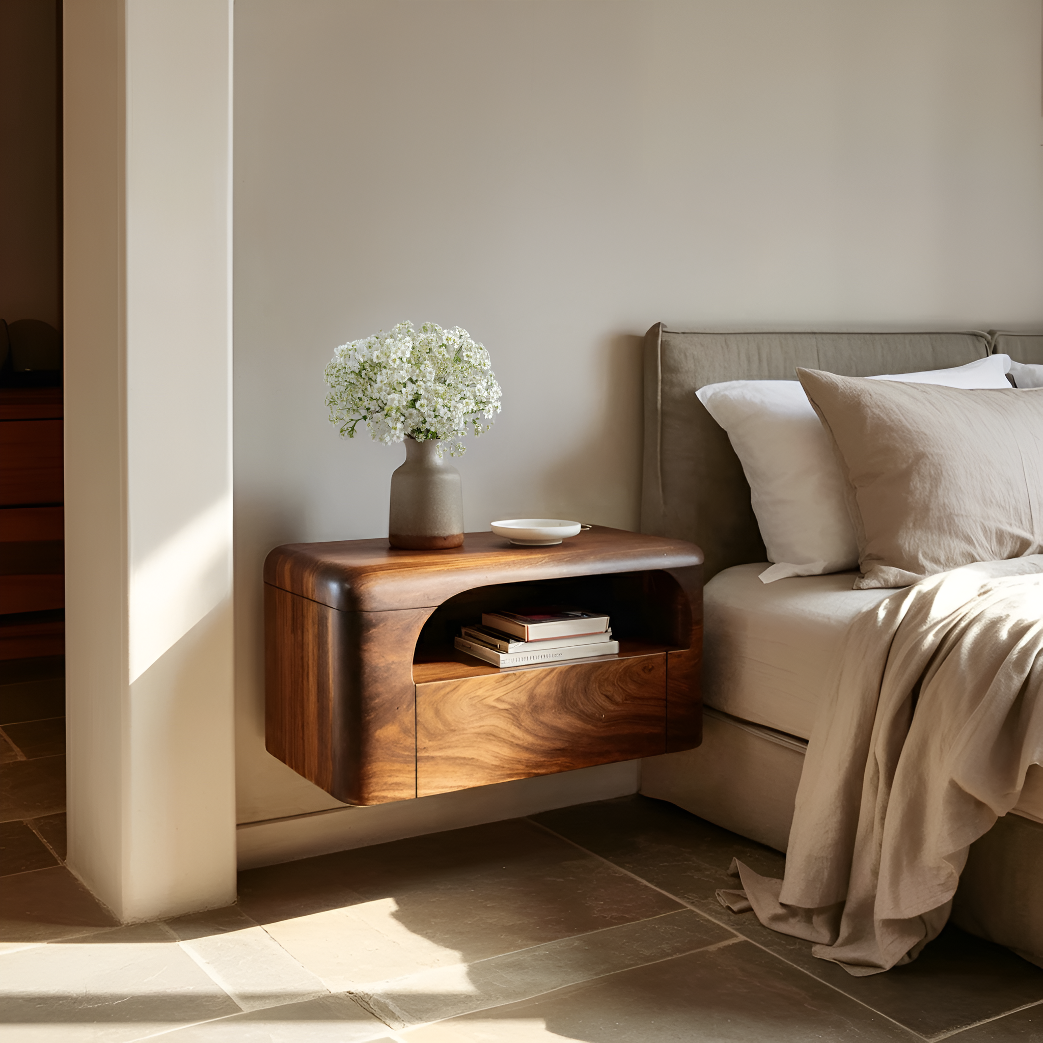 Organic Wall Mounted Bedside Table With Drawer For Bedroom RTTHHNNS007