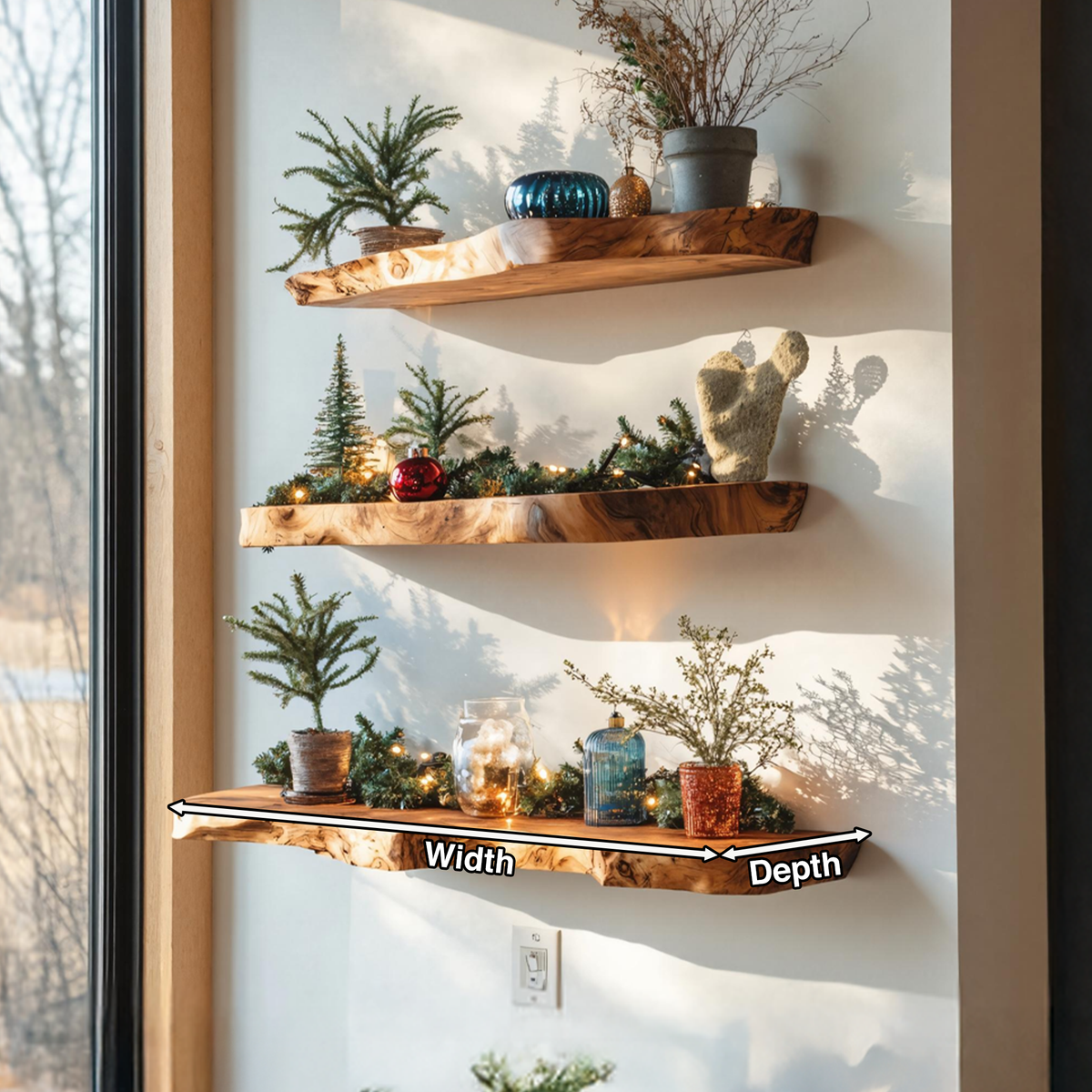 Mid Century Live Edge Floating Shelf For Xmas Bedroom Decoration