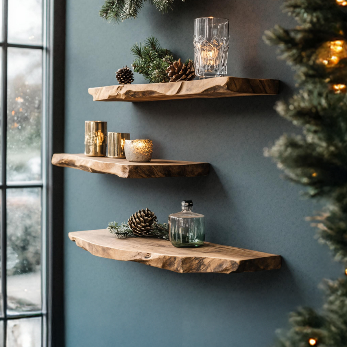 Mid Century Wooden Floating Shelf For Living Room Christmas Decor
