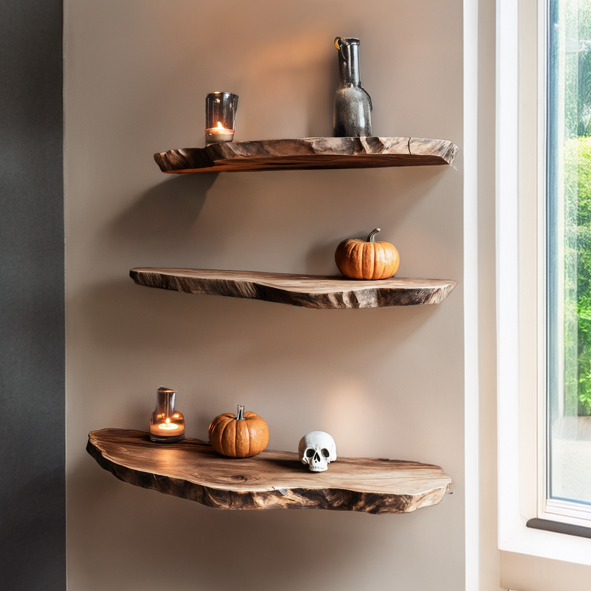 Mid Century Live Edge Floating Shelf For Furniture Decor Halloween Display