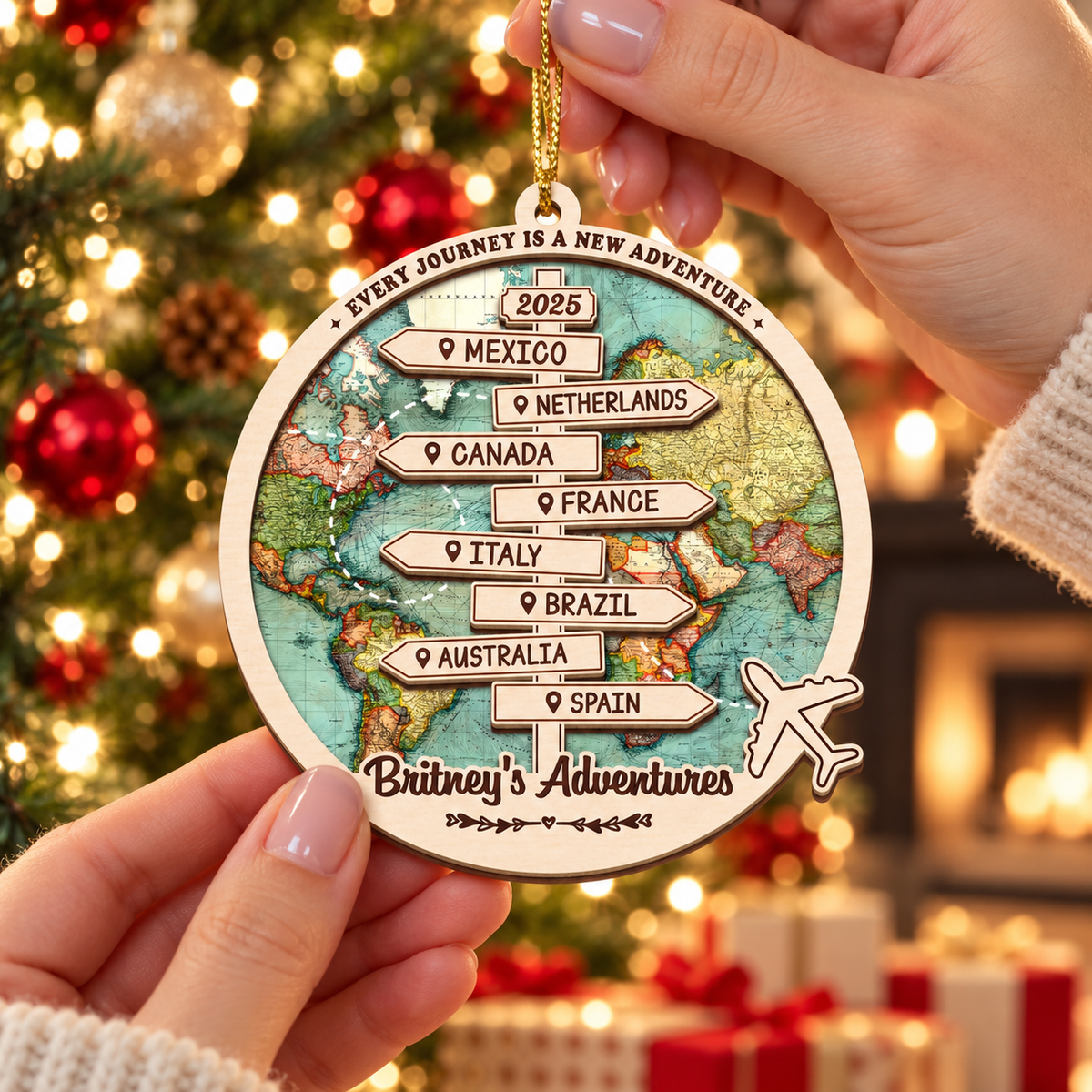 Personalized 2026 Travel Ornament Custom 2-Layer Wooden Destination Keepsake