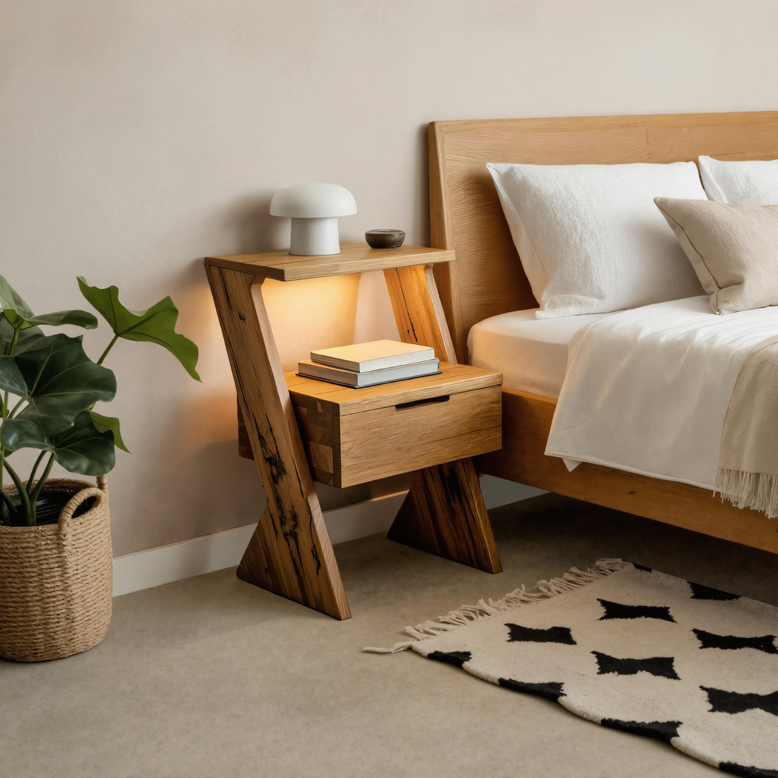 Modern Solid Wood Nightstand With Drawer And Shelf For Bedroom SITHTTNS009