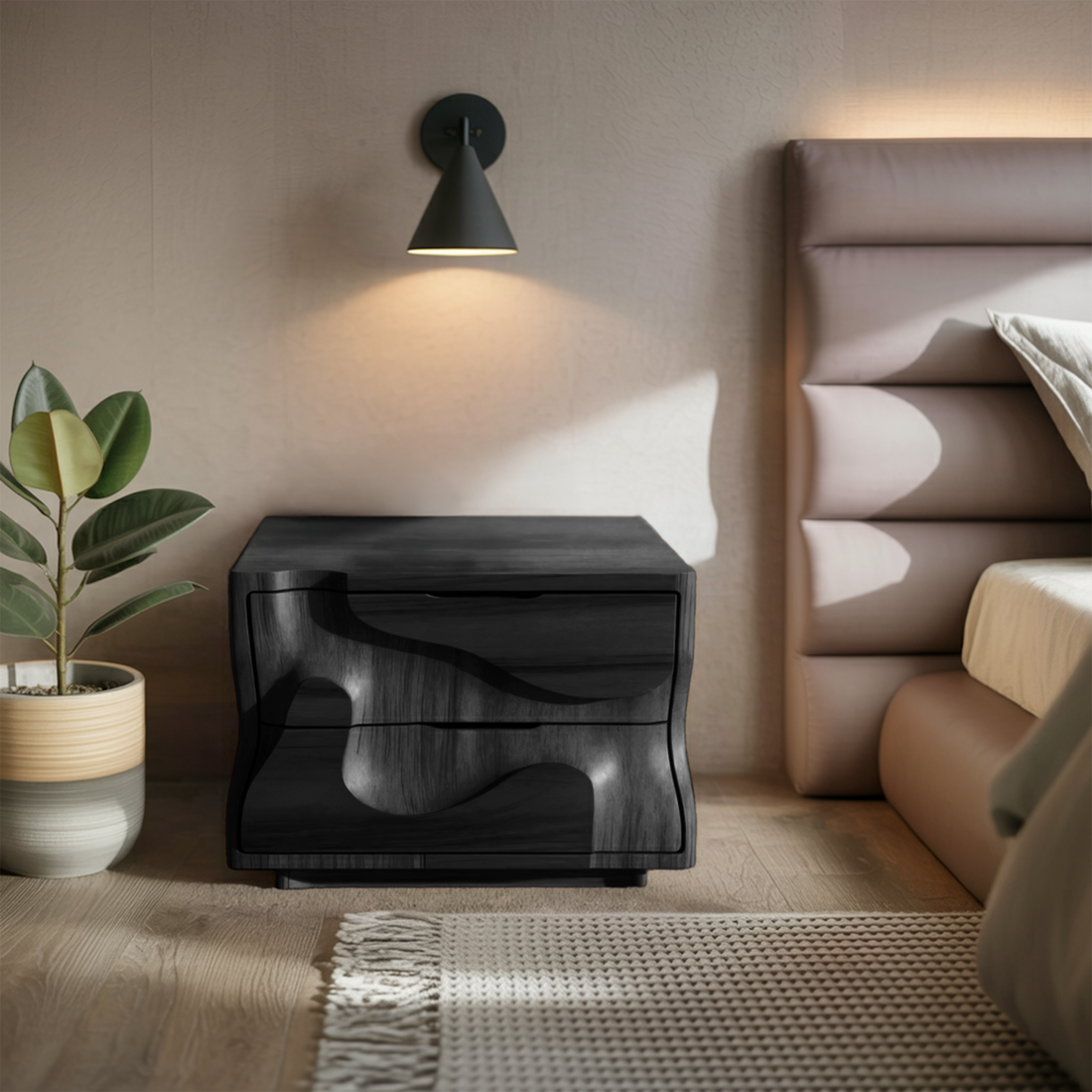 Modern Wavy Nightstand With Carved Drawer Cabinet For Bedroom And Living Room SITHHNNS005