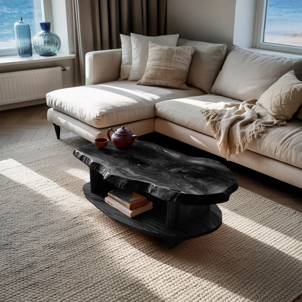 Rustic Coffee Table Live Edge And Shelf For Living