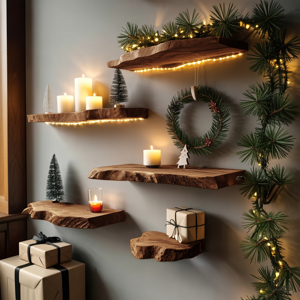 Handcrafted Wooden Floating Shelf For Holiday Entryway Wall Decor