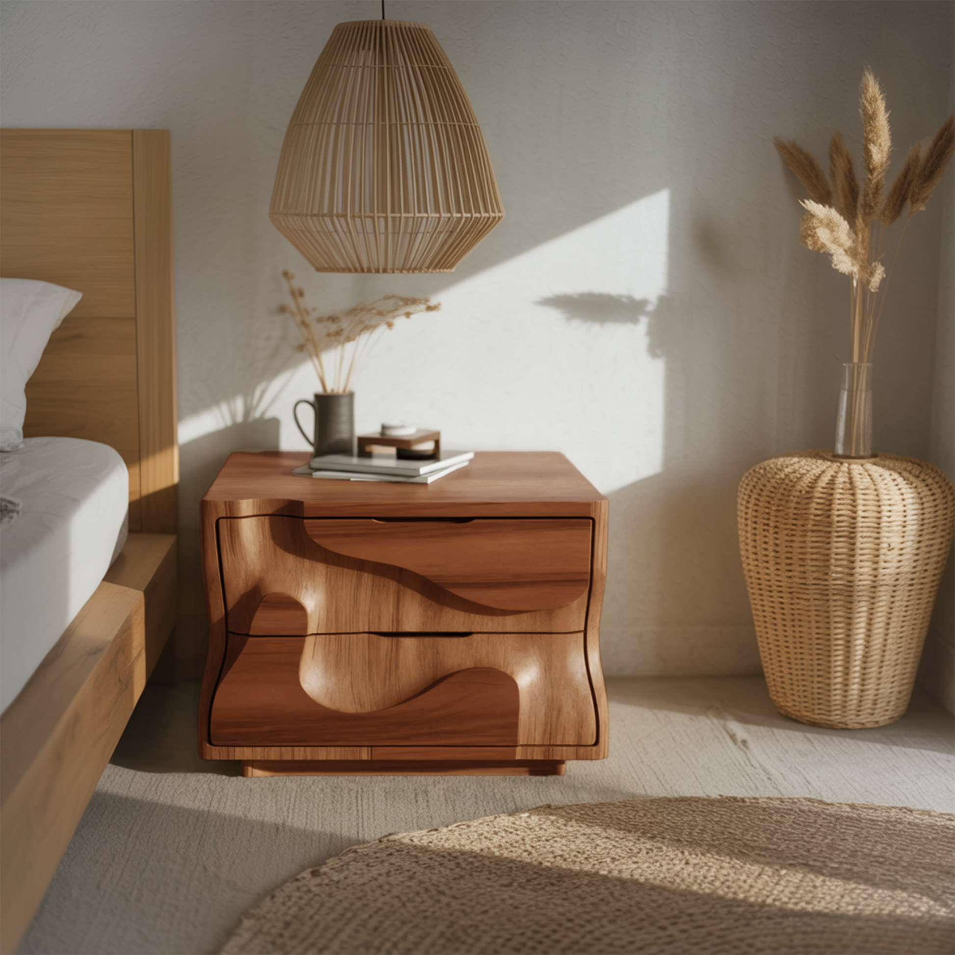Modern Wavy Nightstand With Carved Drawer Cabinet For Bedroom And Living Room SITHHNNS005