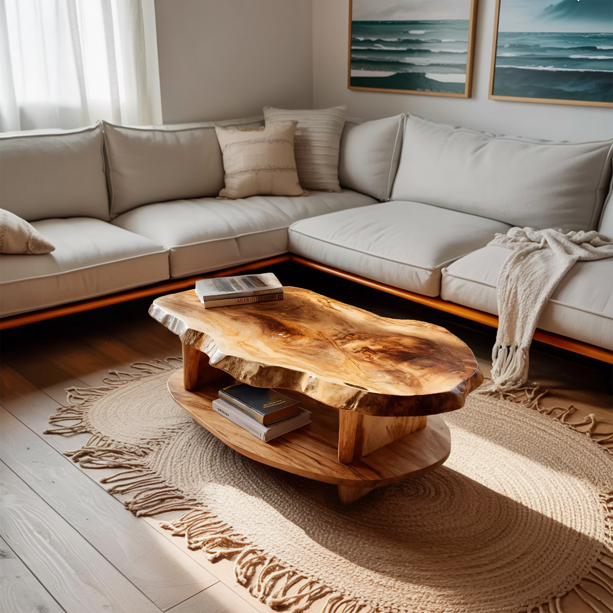 Rustic Coffee Table Live Edge And Shelf For Living