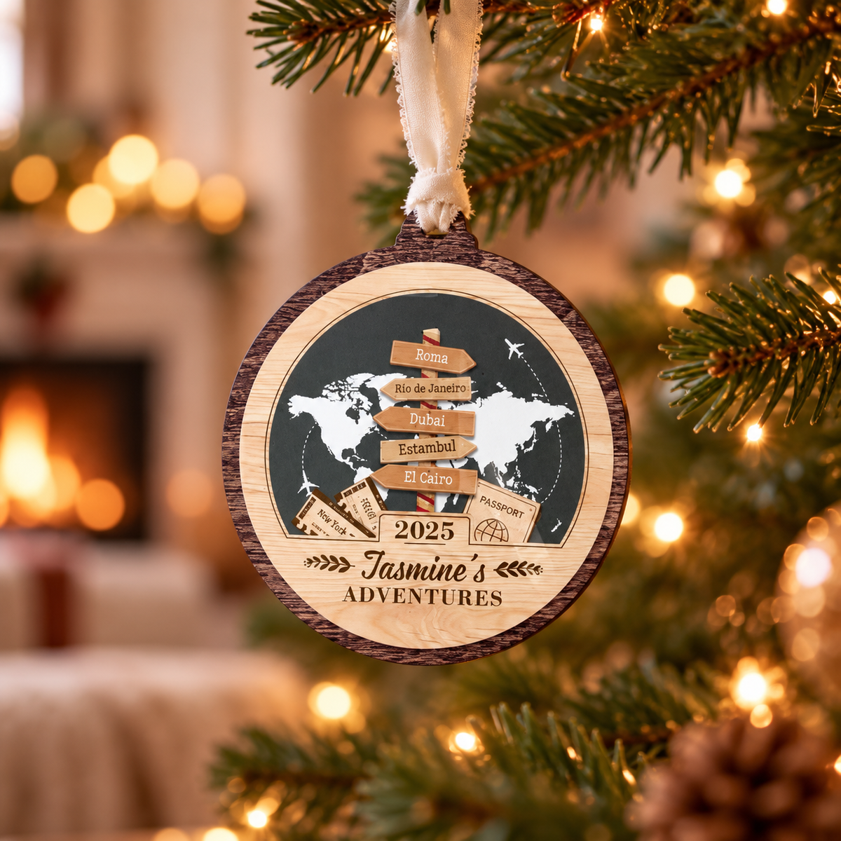 Personalized Travel Adventure Ornament 2025, Custom Destination Keepsake for Couples, Unique Holiday Gift for Travelers Christmas Decoration