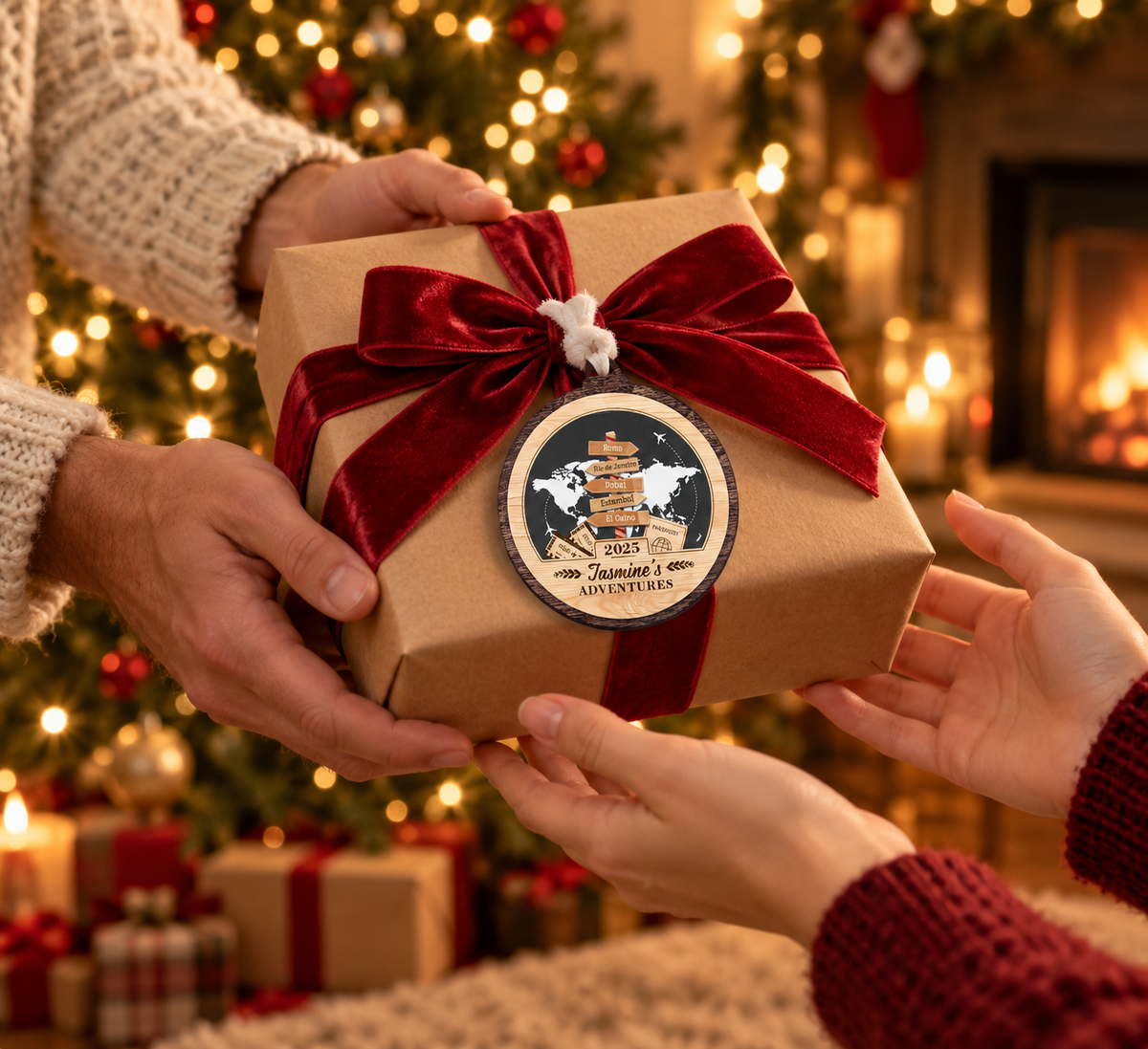 Personalized Travel Adventure Ornament 2025, Custom Destination Keepsake for Couples, Unique Holiday Gift for Travelers Christmas Decoration