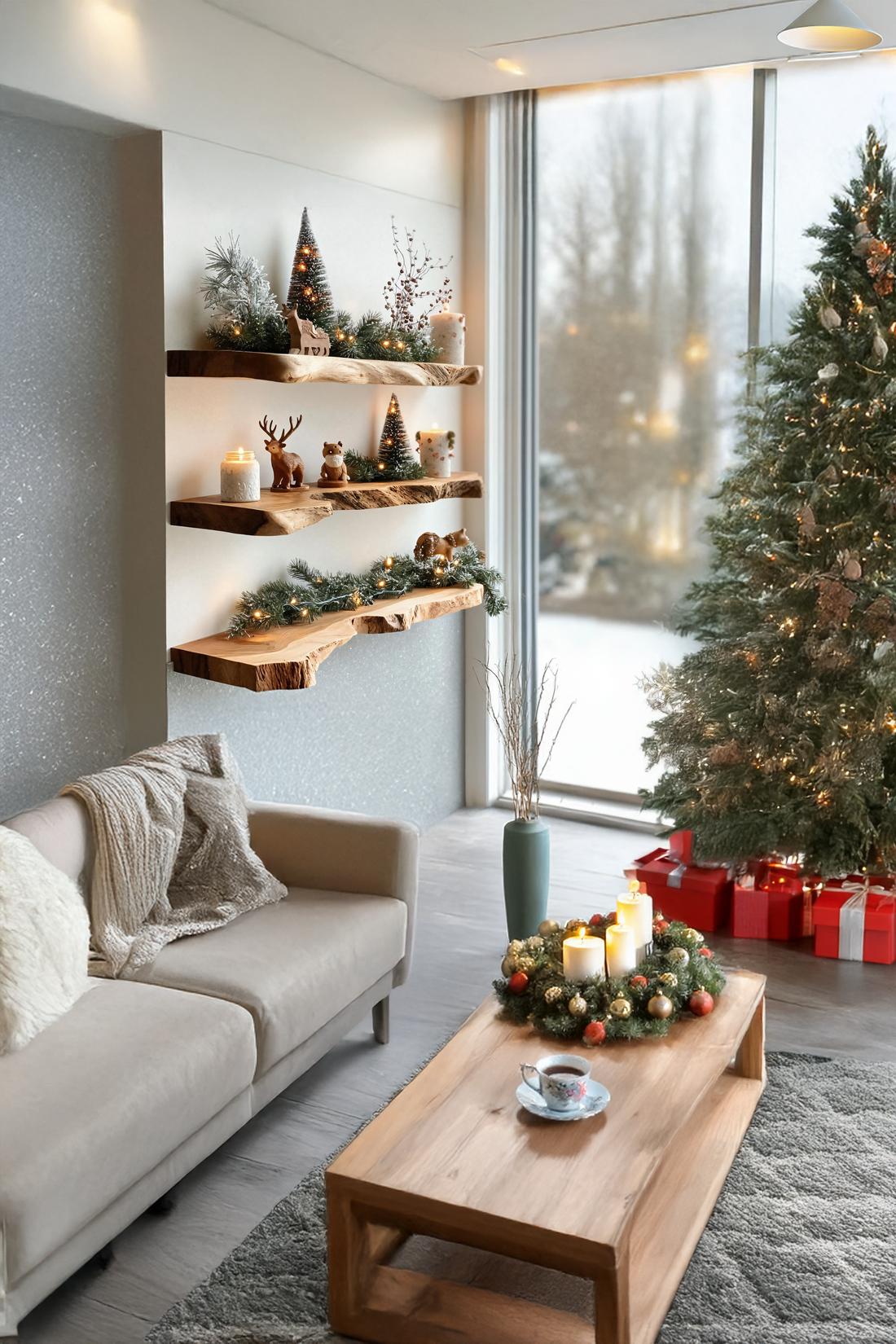 Mid Century Wooden Floating Shelf For Stylish Holiday Living Room