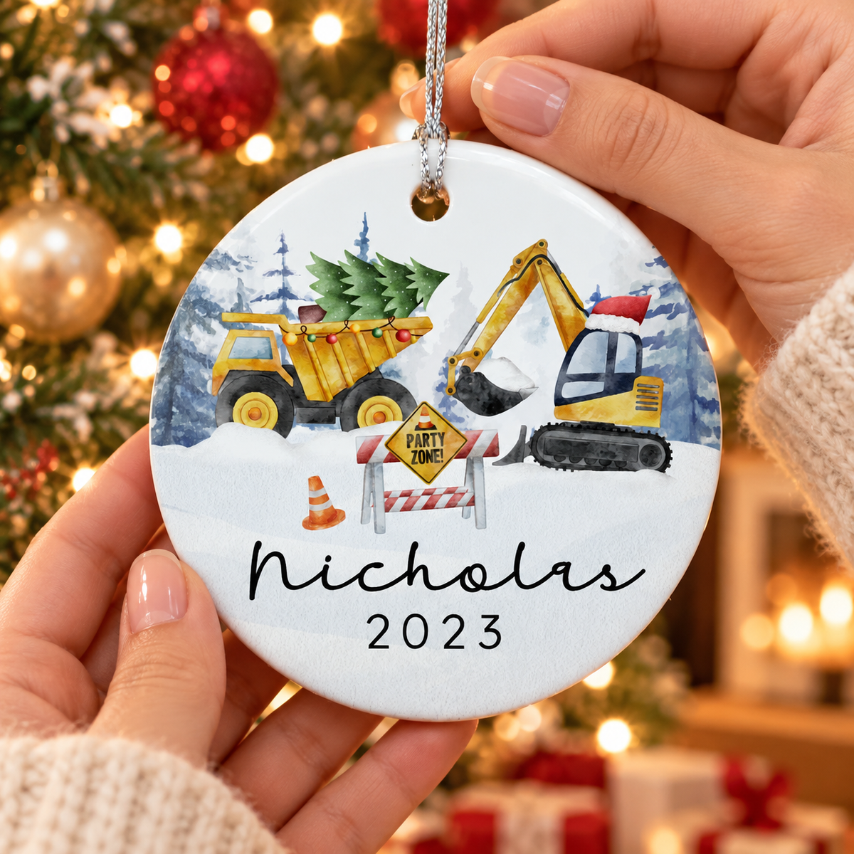 Kids Christmas Construction Truck Name Ornament - Personalized Christmas 2024 Kids Ornament - Custom Name and Year Boys Ornament