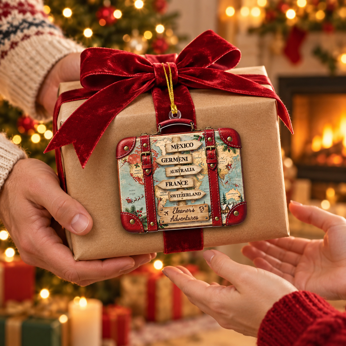 Personalized Travel Suitcase Christmas Ornament, Custom World Map Destination Keepsake