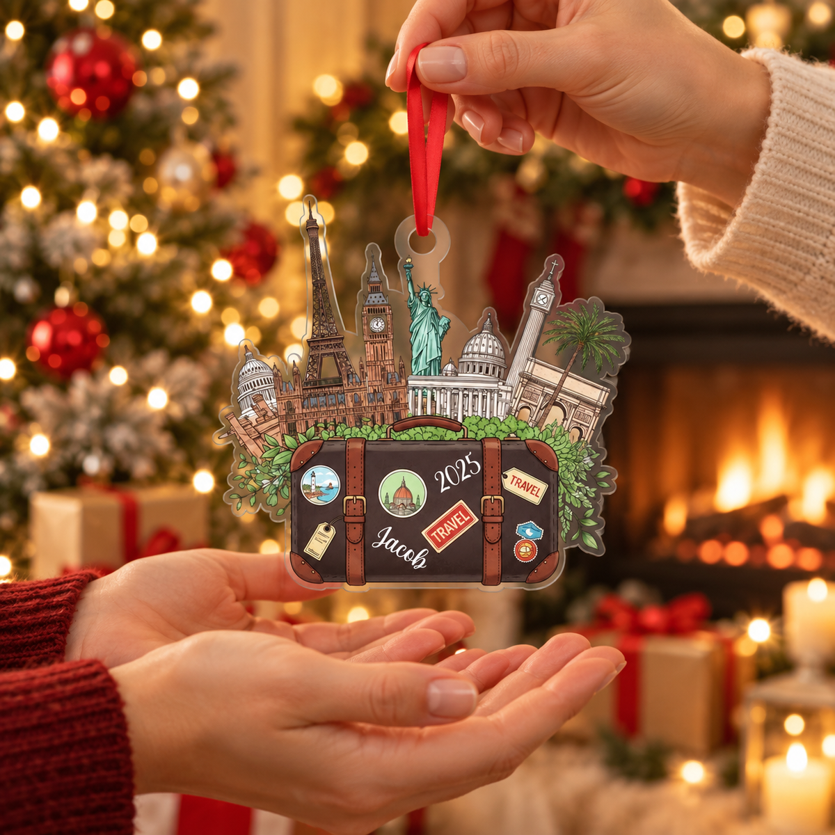 Custom Name Travel Christmas Ornament, Personalized World Traveler Acrylic Ornament, Vacation Souvenir Gift, 2D Flat Christmas Tree Decor