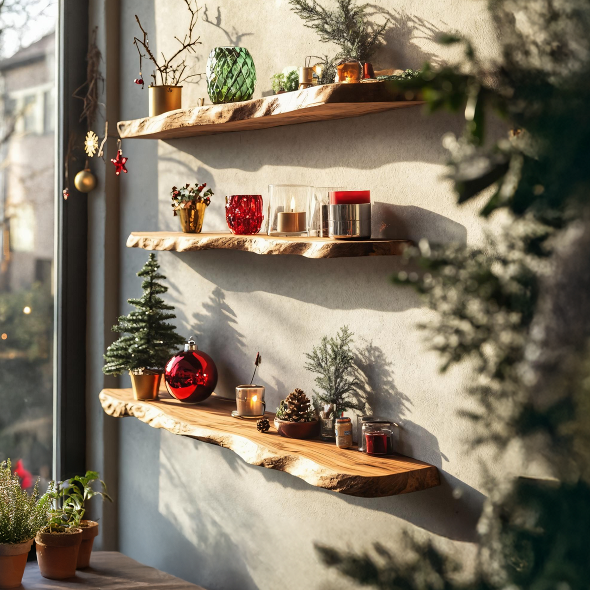 Handcrafted Wooden Floating Shelf For Cozy Holiday Entryway Decor