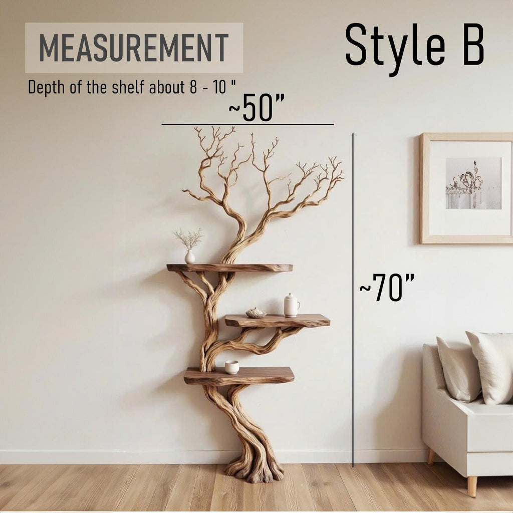 Tree branch bookshelf solid wood floating live edge wood shelves wall mount driftwood carving art rustic decor