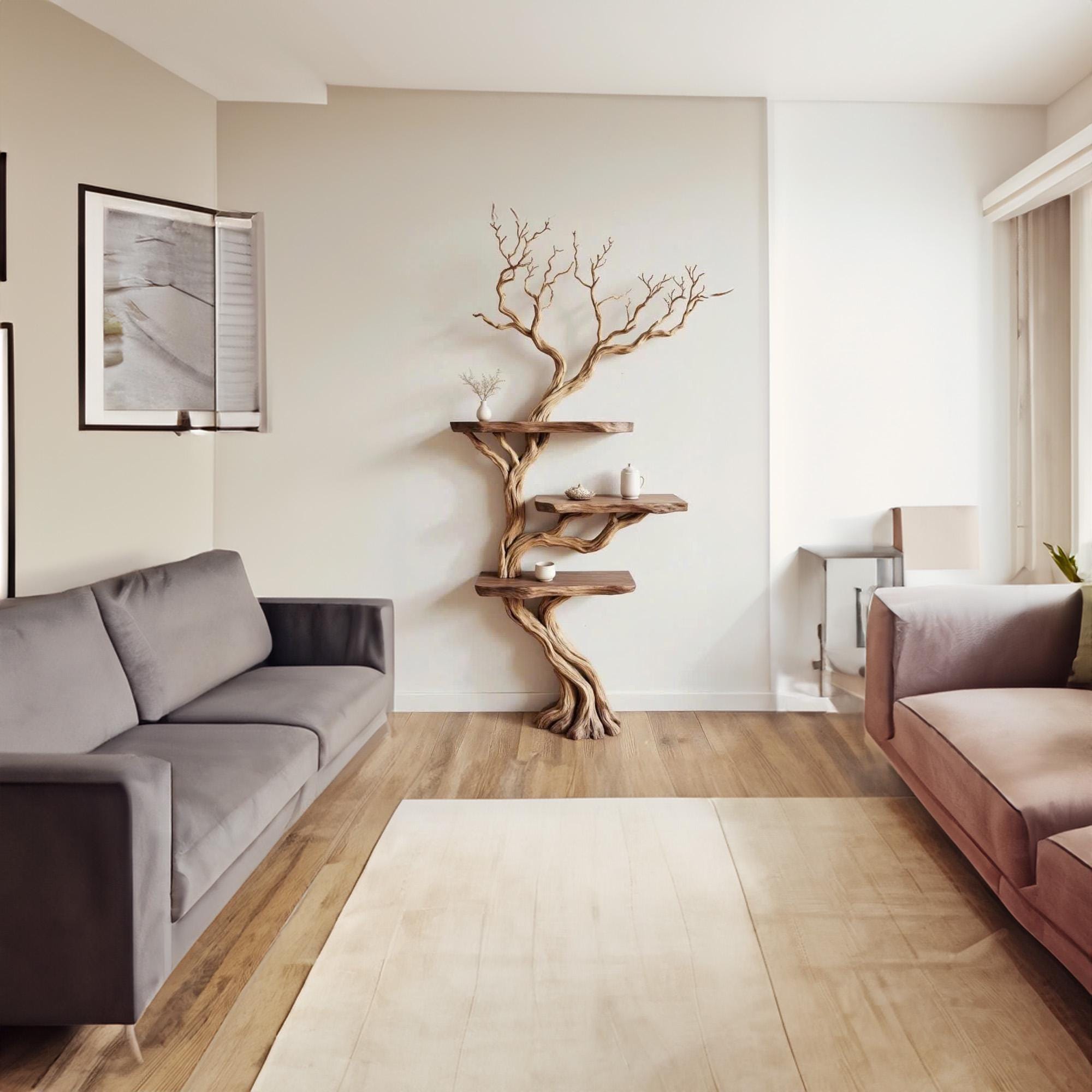 Tree branch bookshelf solid wood floating live edge wood shelves wall mount driftwood carving art rustic decor