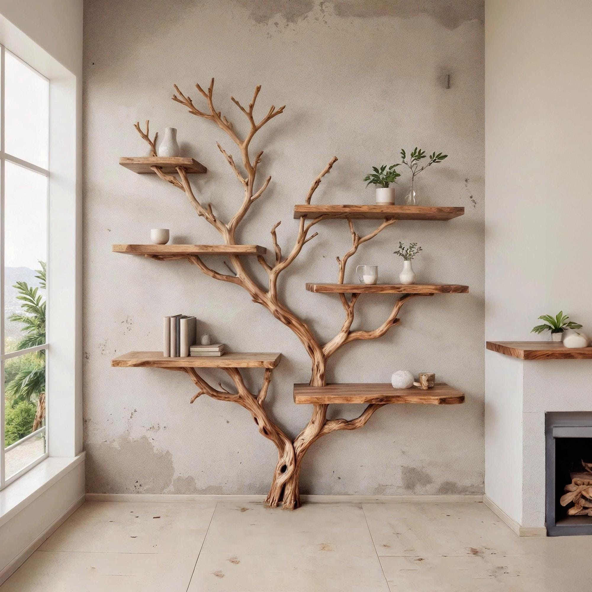 Tree branch bookshelves on wall natural wood bookcase floor bookshelf driftwood wall art unique handcrafted