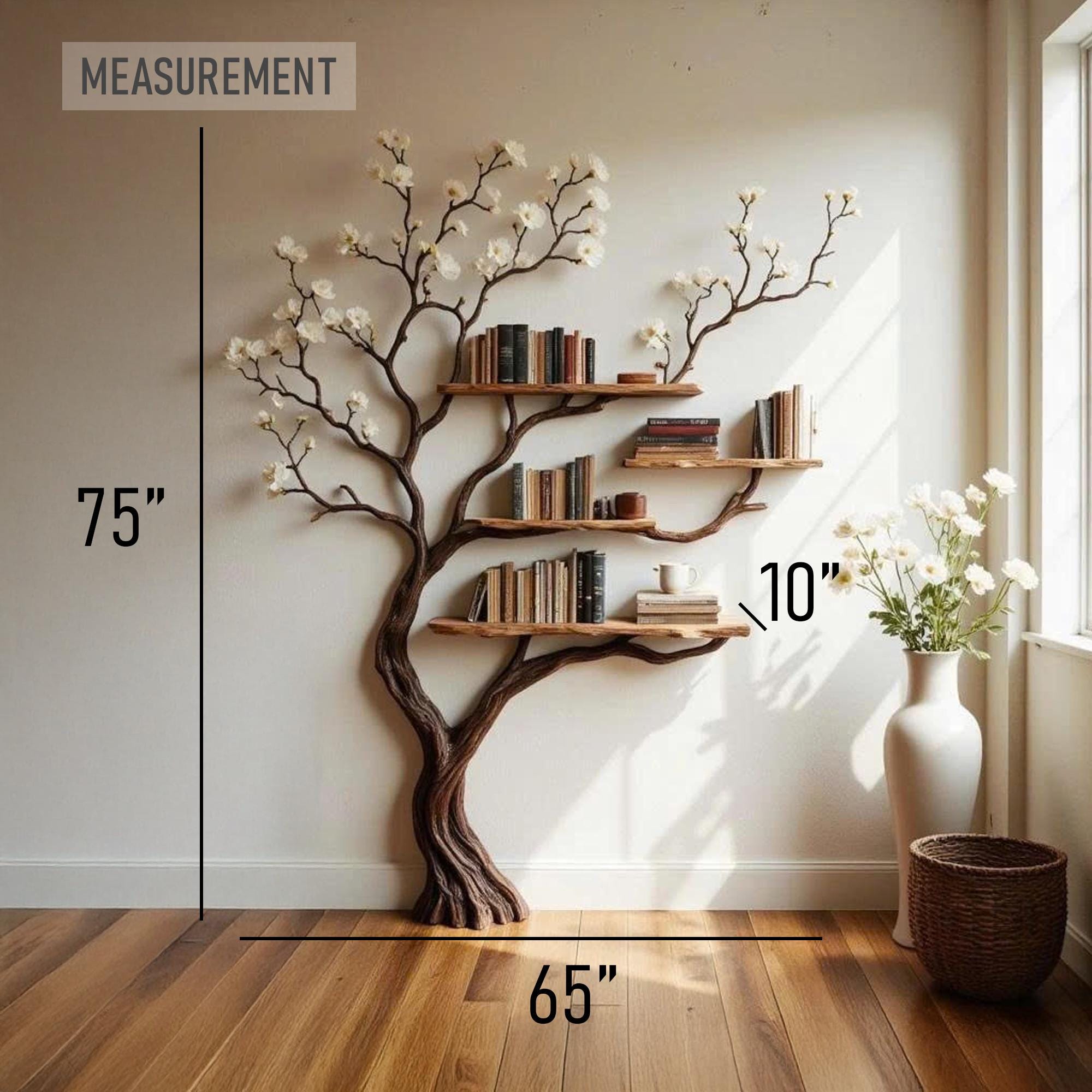 Tree bookshelf with natural driftwood branch wall mounted art solid wood bookcase handmade home decor gift