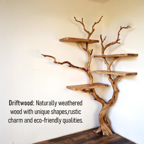 Corner tree floating bookshelf driftwood branch live edge corner tree shelf art wall mount rustic decor living room
