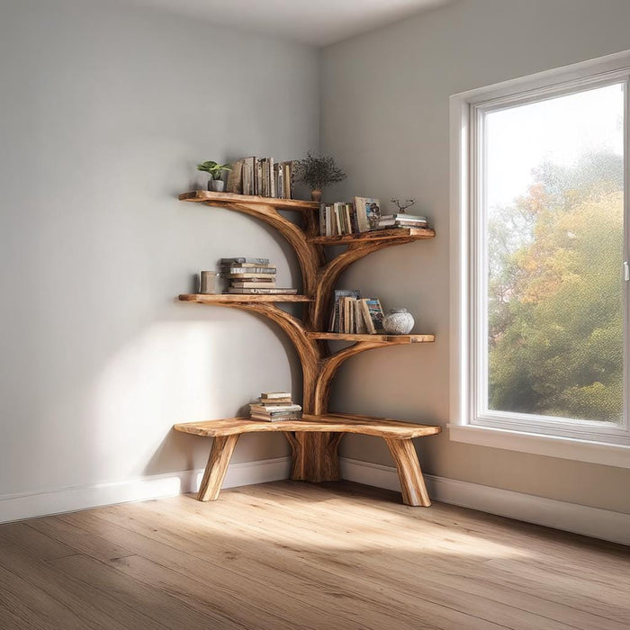 Handmade Rustic Tree Bookshelf – Natural Wood Wall Shelf with Bench