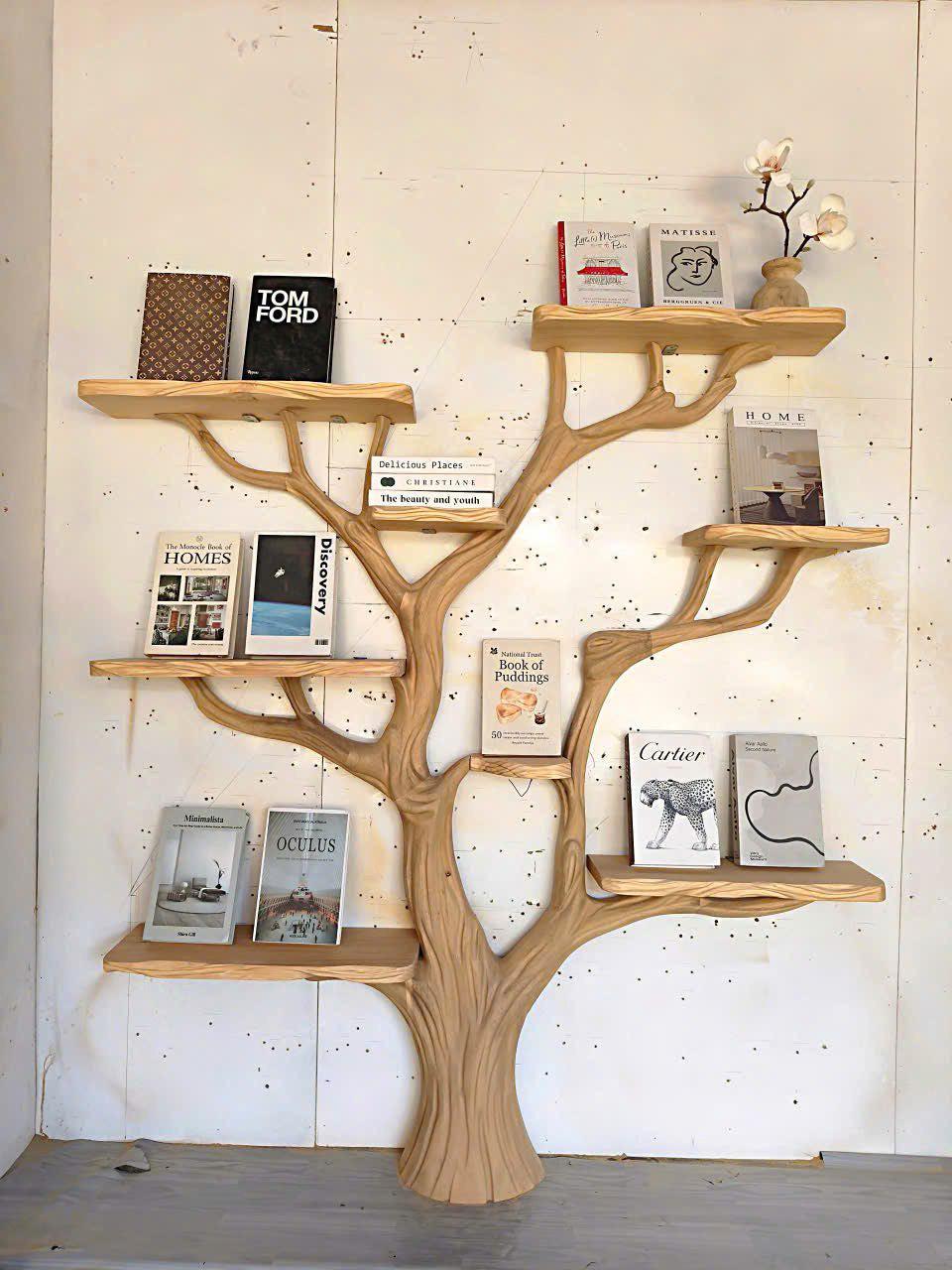 Rustic Wooden Tree Bookshelf, Natural Wood Bookcase, Home Office Decor