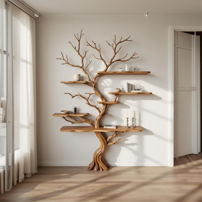 Tree branch bookshelf art decor driftwood shelf wall mounted solid wood bookcase