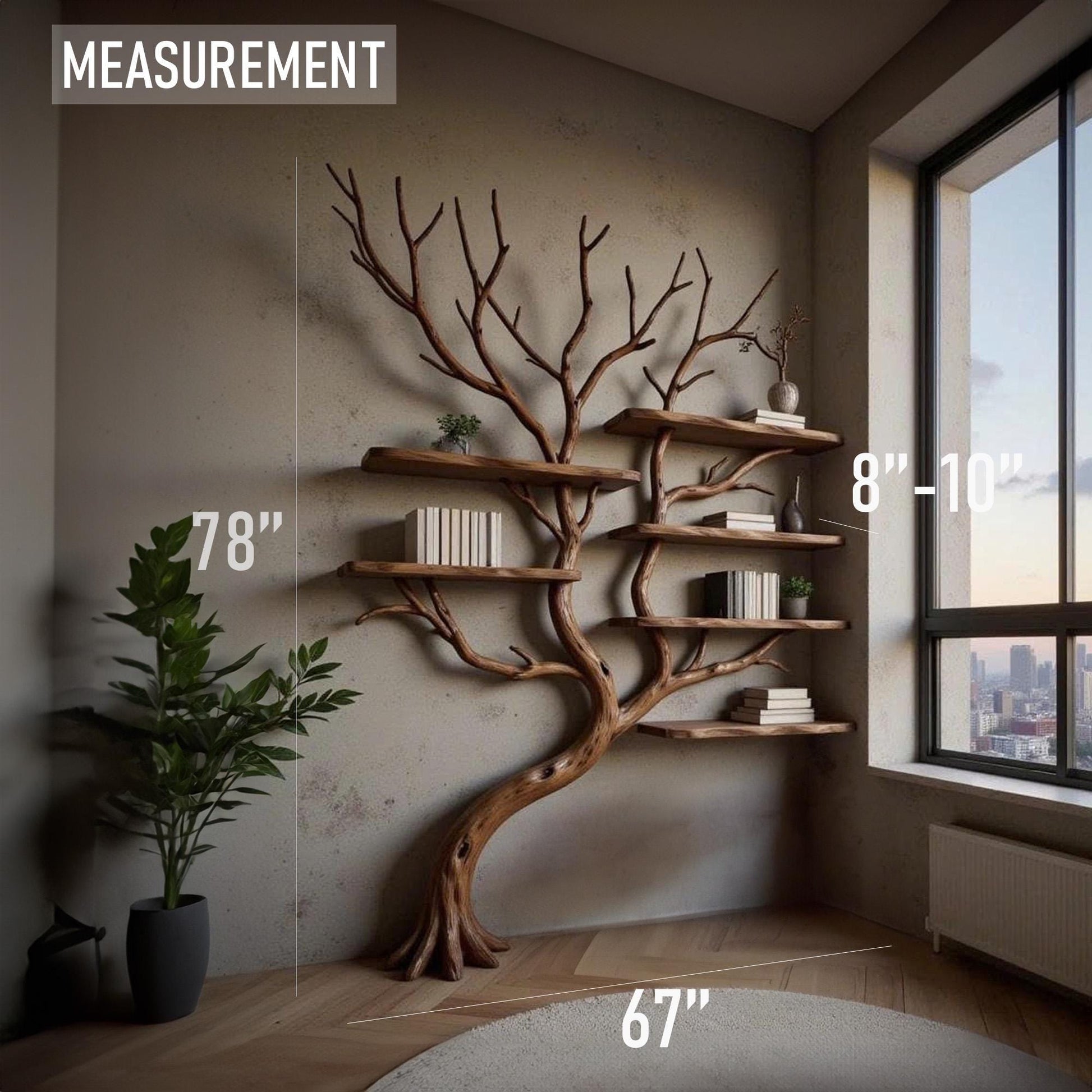 Corner driftwood tree branch solid wood bookshelf wall mount floating live edge furniture decoration