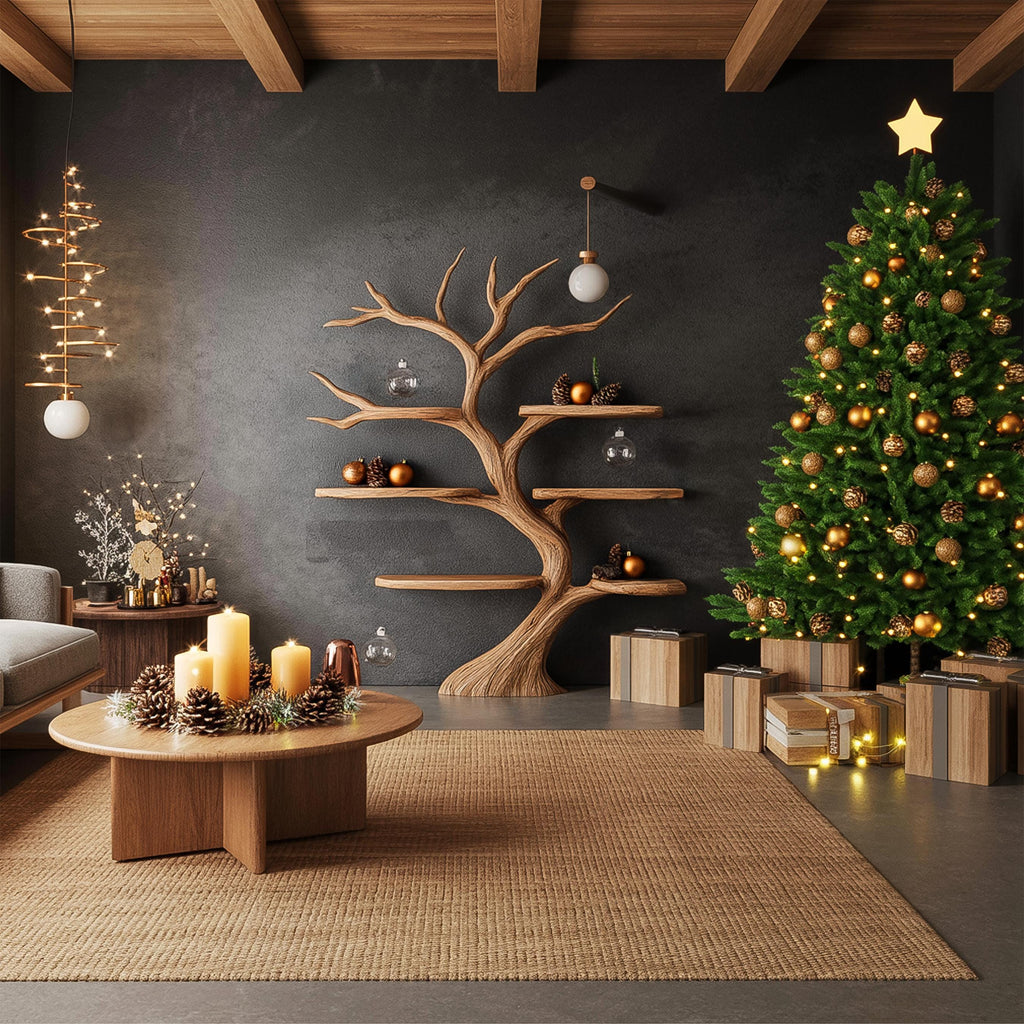 Tree Bookshelf Wood Bookcase Wall Bookshelf Handmade Furniture for Cozy Christmas Home Decor