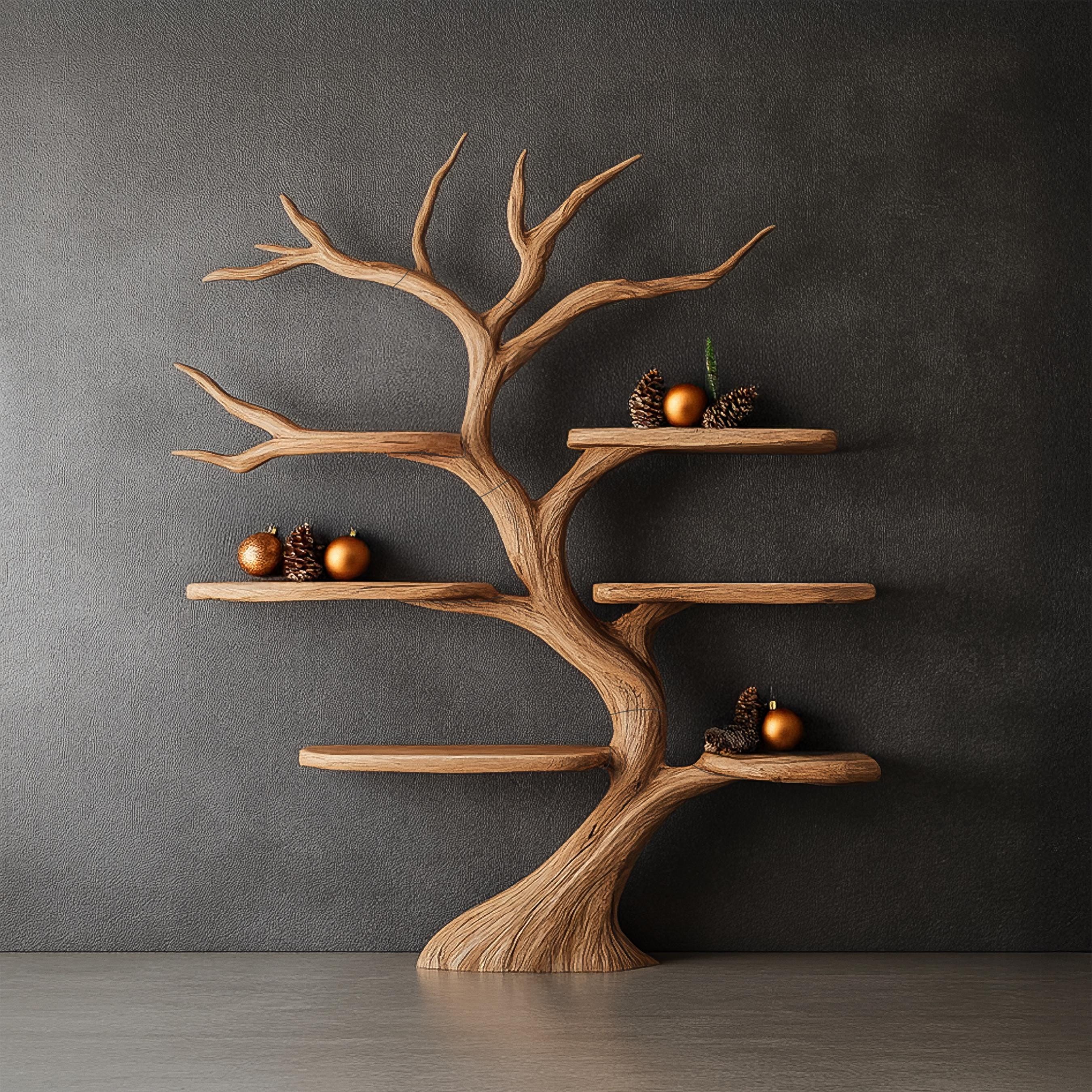 Tree Bookshelf Wood Bookcase Wall Bookshelf Handmade Furniture for Cozy Christmas Home Decor