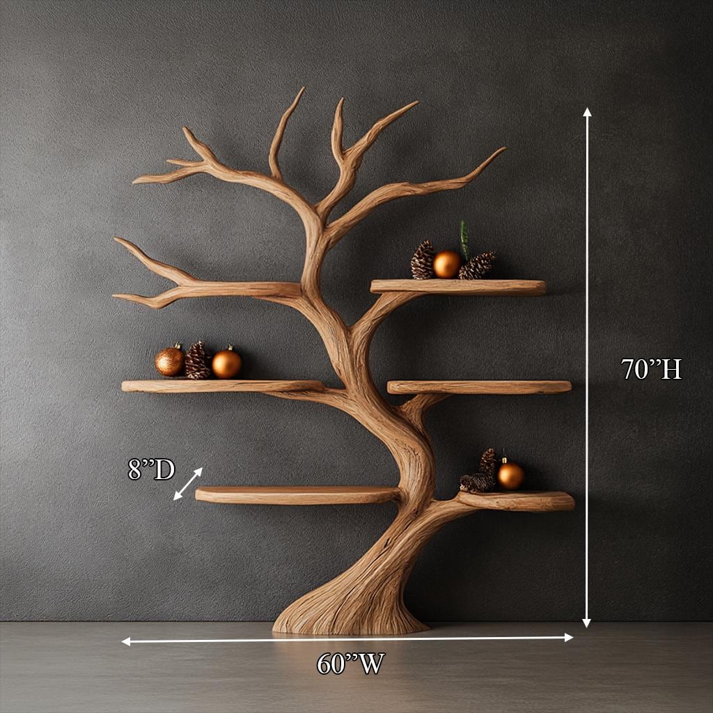 Tree Bookshelf Wood Bookcase Wall Bookshelf Handmade Furniture for Cozy Christmas Home Decor
