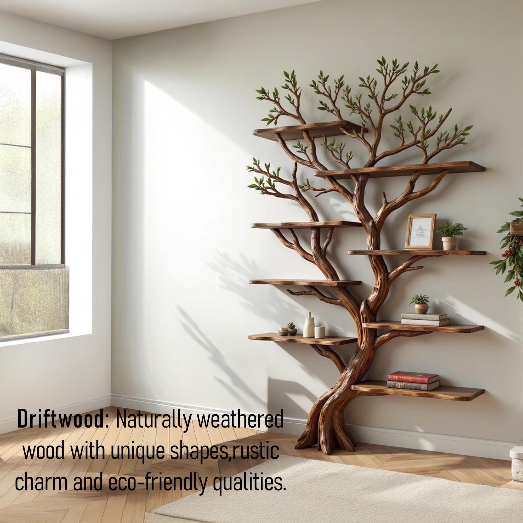 Driftwood corner bookshelf tree shelf art wall mount solid wood bookcase handmade furniture decor for home