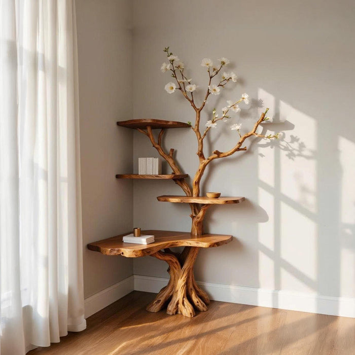 Corner tree branch book shelf floating bookshelf solid wood wall mounted shelves art sculpture root base decor