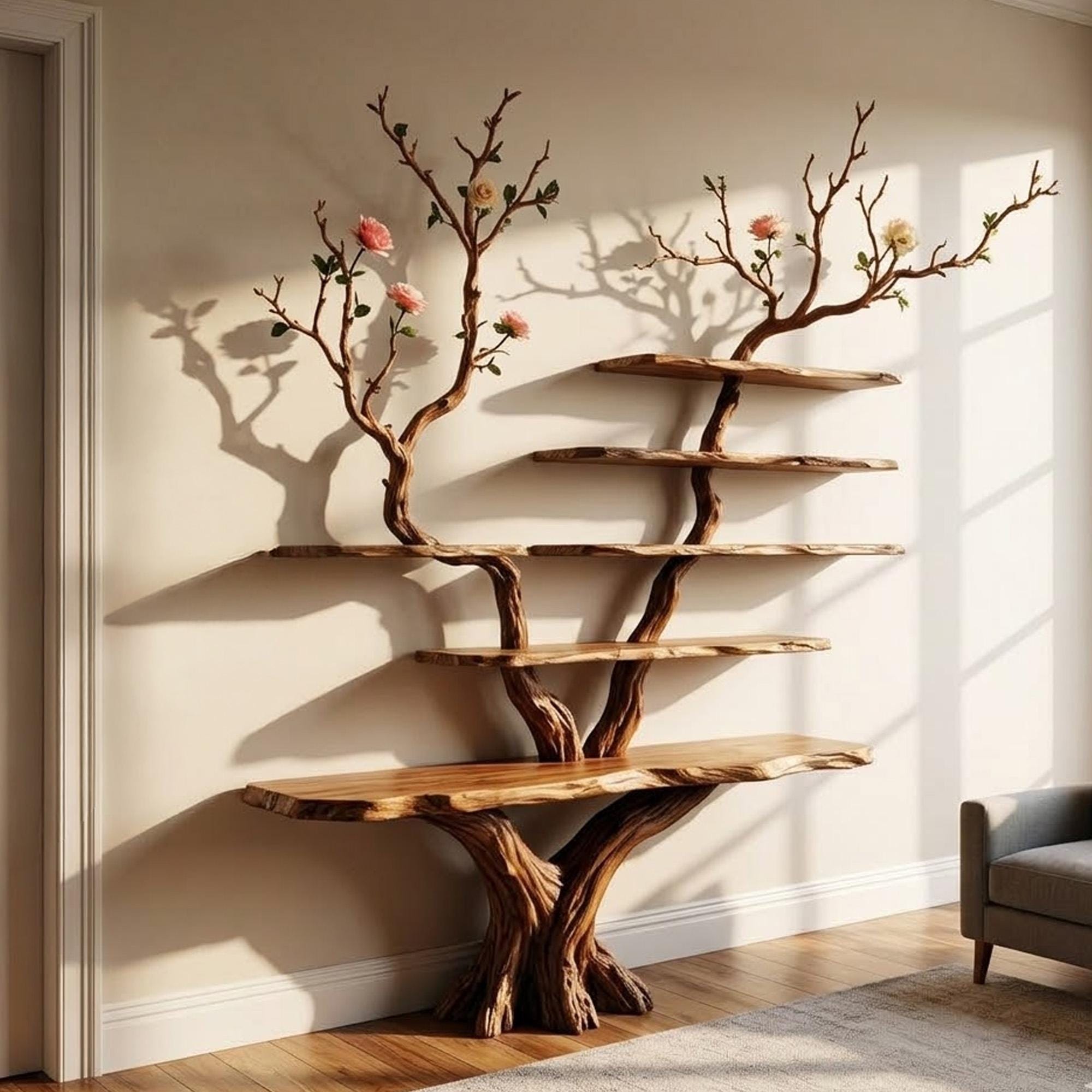 Natural wood bookshelf tree branch shelves on wall floating book shelf solid wood sculpture art