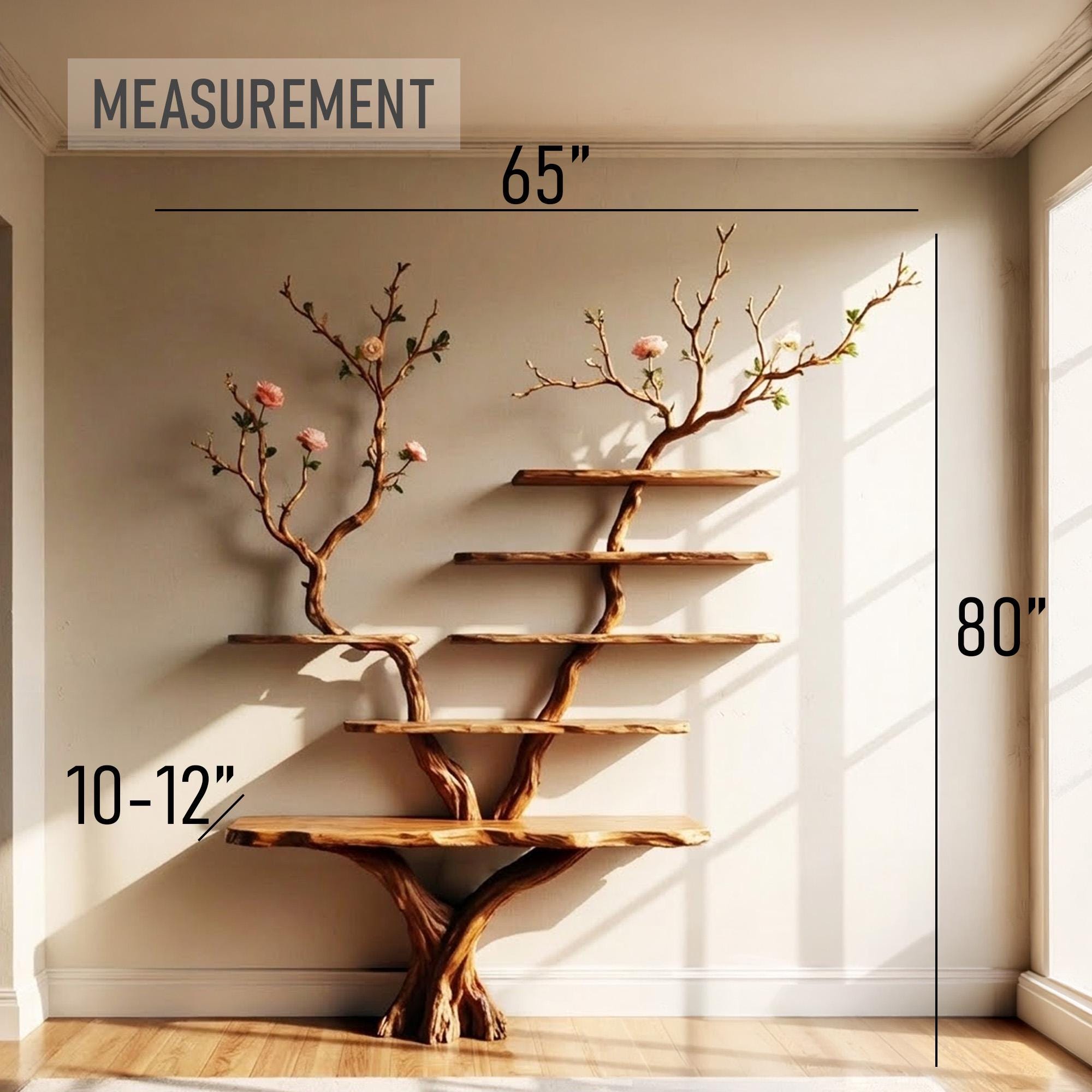 Natural wood bookshelf tree branch shelves on wall floating book shelf solid wood sculpture art