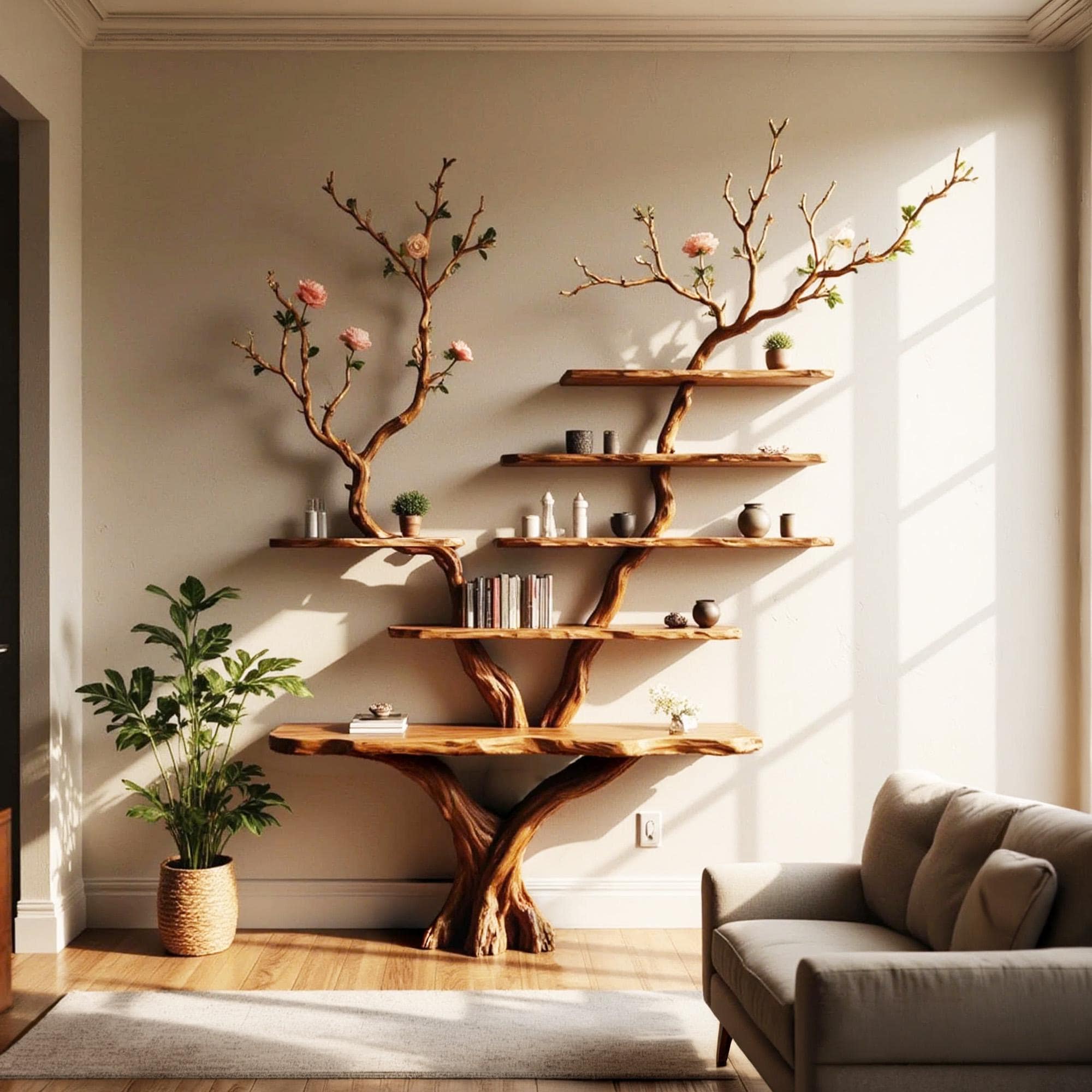 Natural wood bookshelf tree branch shelves on wall floating book shelf solid wood sculpture art