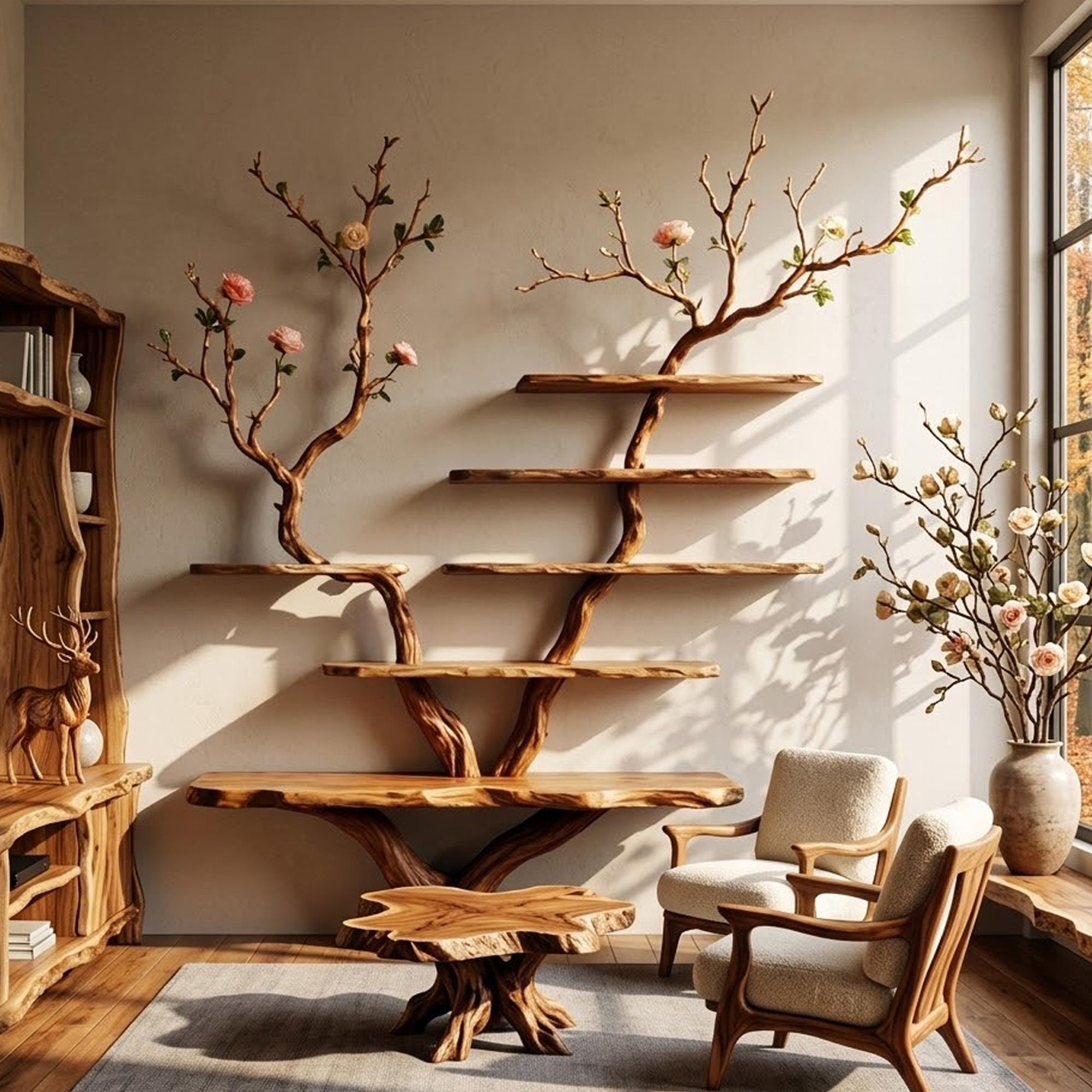 Natural wood bookshelf tree branch shelves on wall floating book shelf solid wood sculpture art