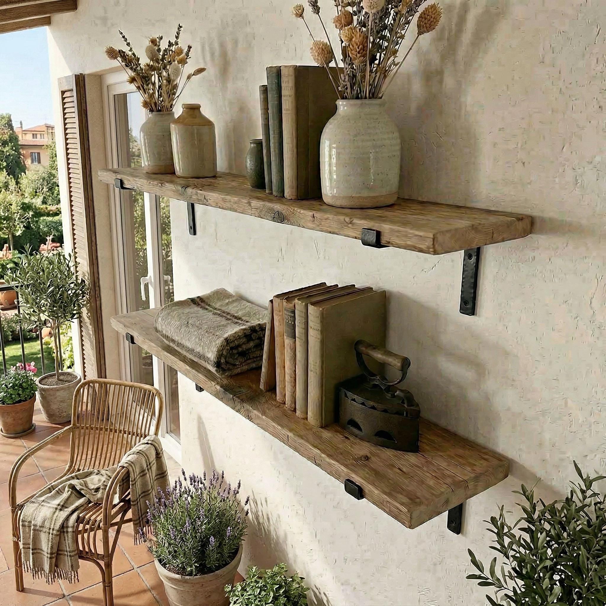 Rustic-Style Solid Wood Shelf with Iron Brackets | Handmade | 20cm Depth x 3.2cm Thickness