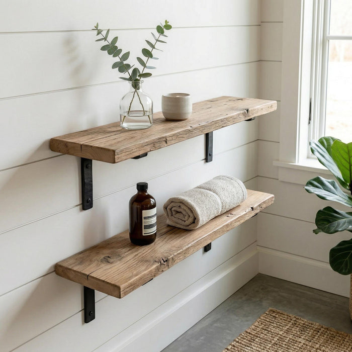 Rustic-Style Solid Wood Shelf with Iron Brackets | Handmade | 20cm Depth x 3.2cm Thickness