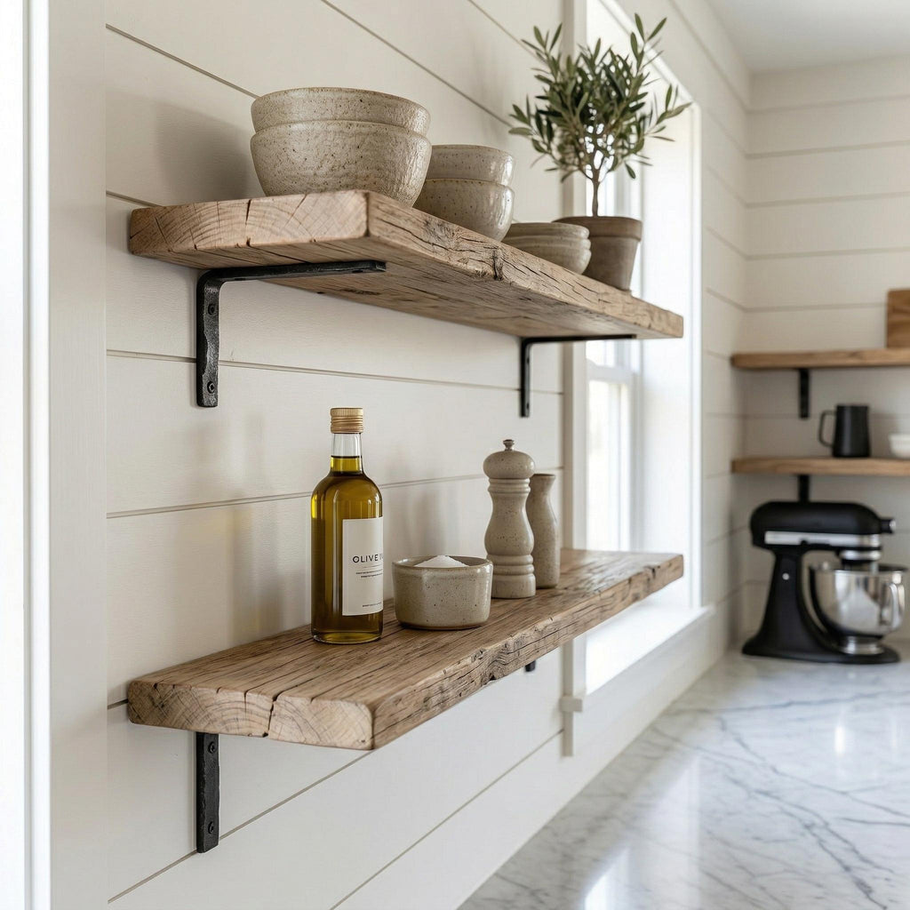 Rustic-Style Solid Wood Shelf with Iron Brackets | Handmade | 20cm Depth x 3.2cm Thickness