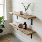 Rustic-Style Solid Wood Shelf with Iron Brackets | Handmade | 20cm Depth x 3.2cm Thickness