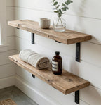 Rustic-Style Solid Wood Shelf with Iron Brackets | Handmade | 20cm Depth x 3.2cm Thickness
