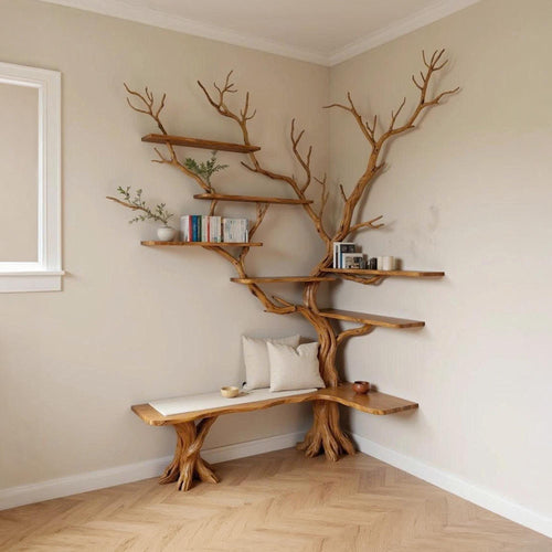 Corner tree branch bookshelf solid wood wall mounted bookcase floating shelves art driftwood sculpture