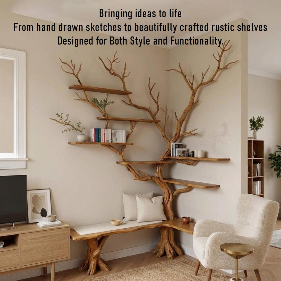 Corner tree branch bookshelf solid wood wall mounted bookcase floating shelves art driftwood sculpture